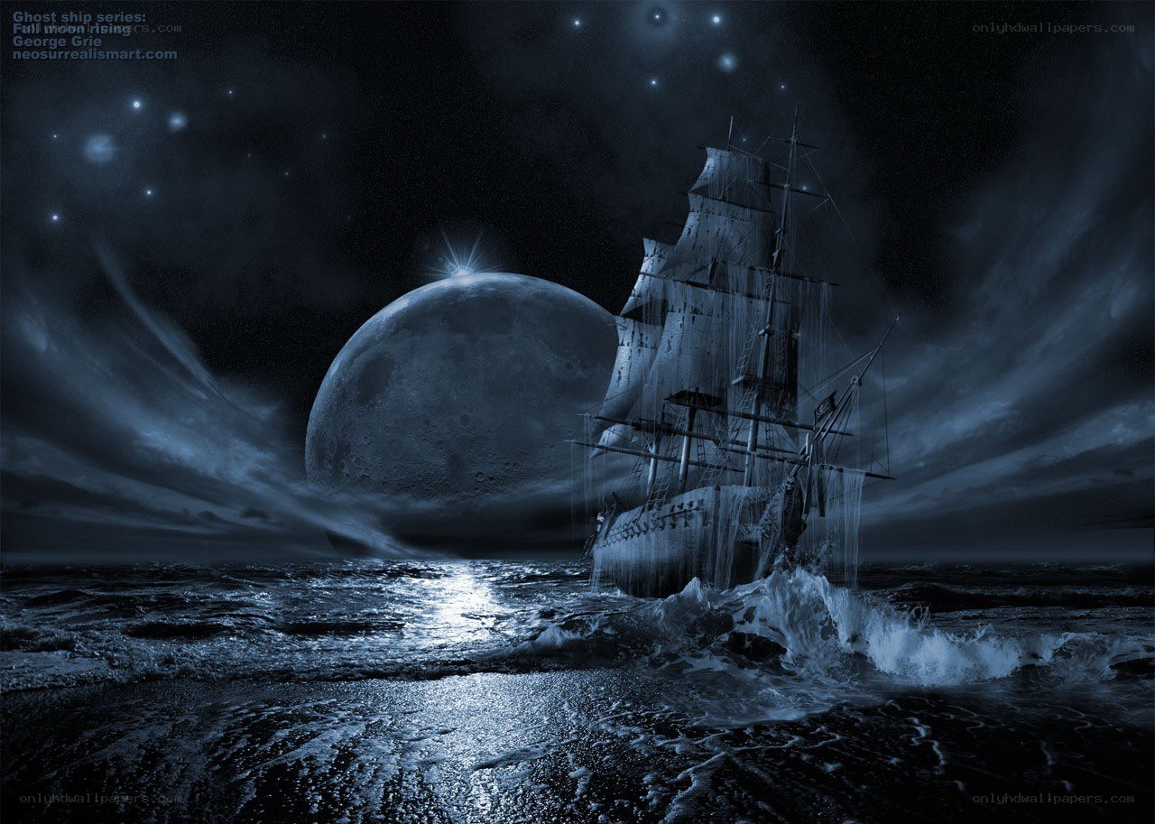 Ghost ship under full moon