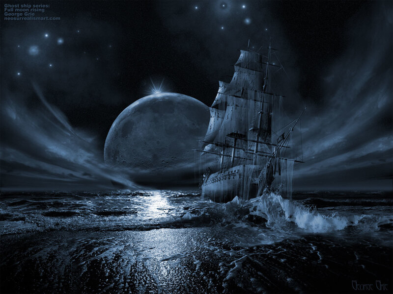 Ghost ship under full moon