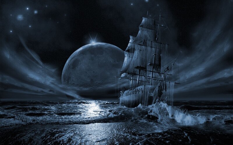 Ghost ship under moonlight