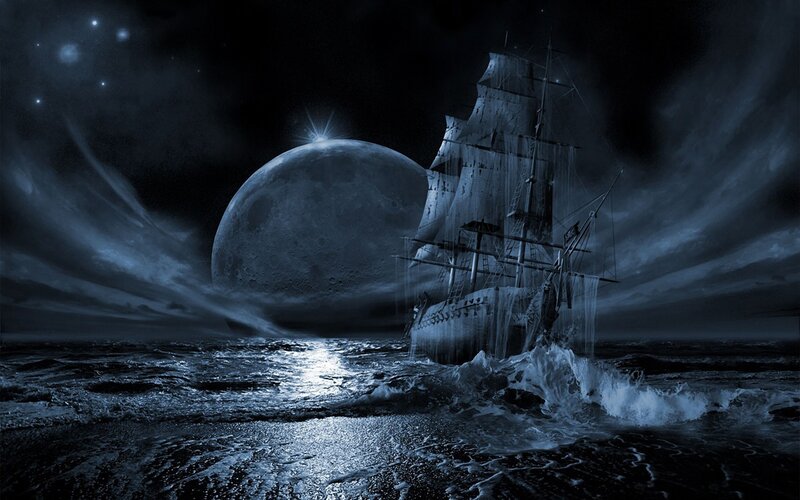 Ghost ship under moonlight