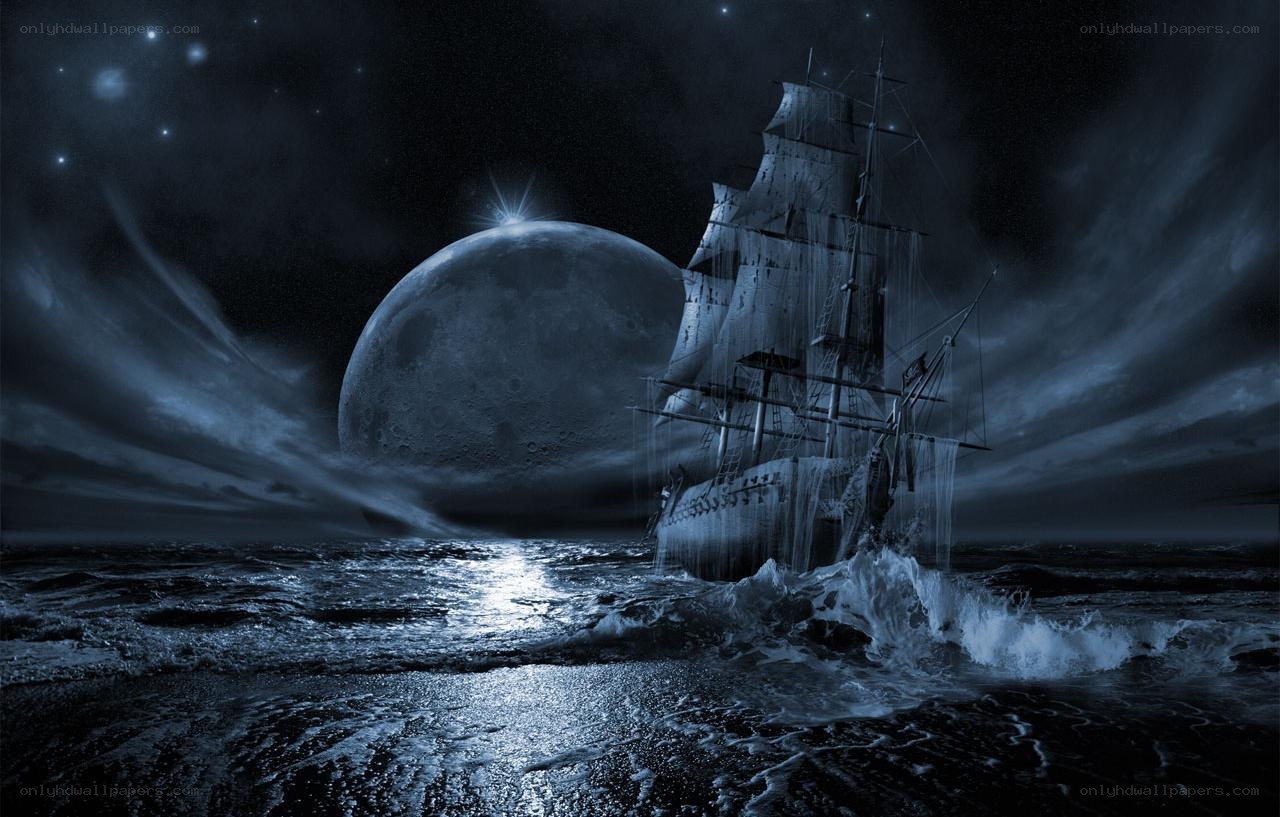 Ghost ship under moonlight