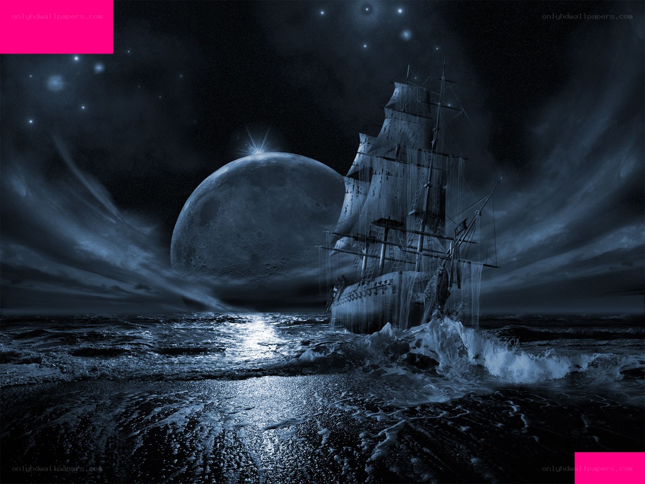 Ghost ship under moonlight