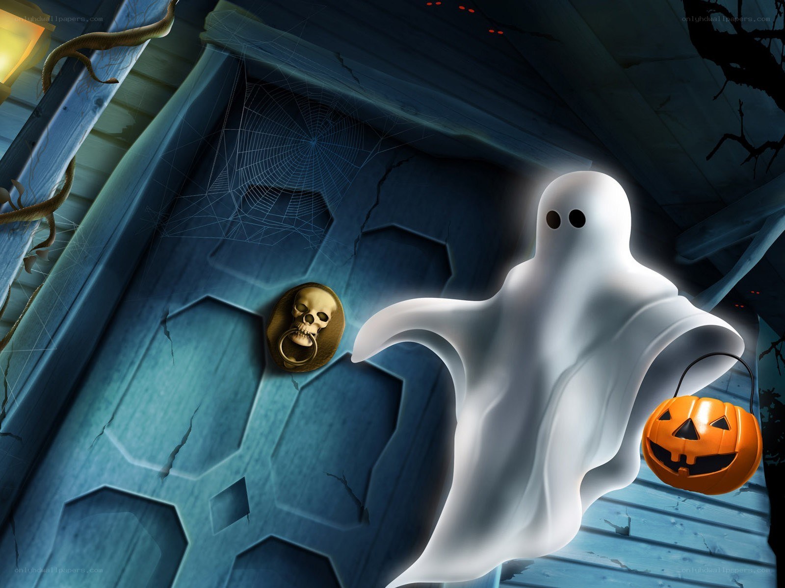 ghost with pumpkin on porch