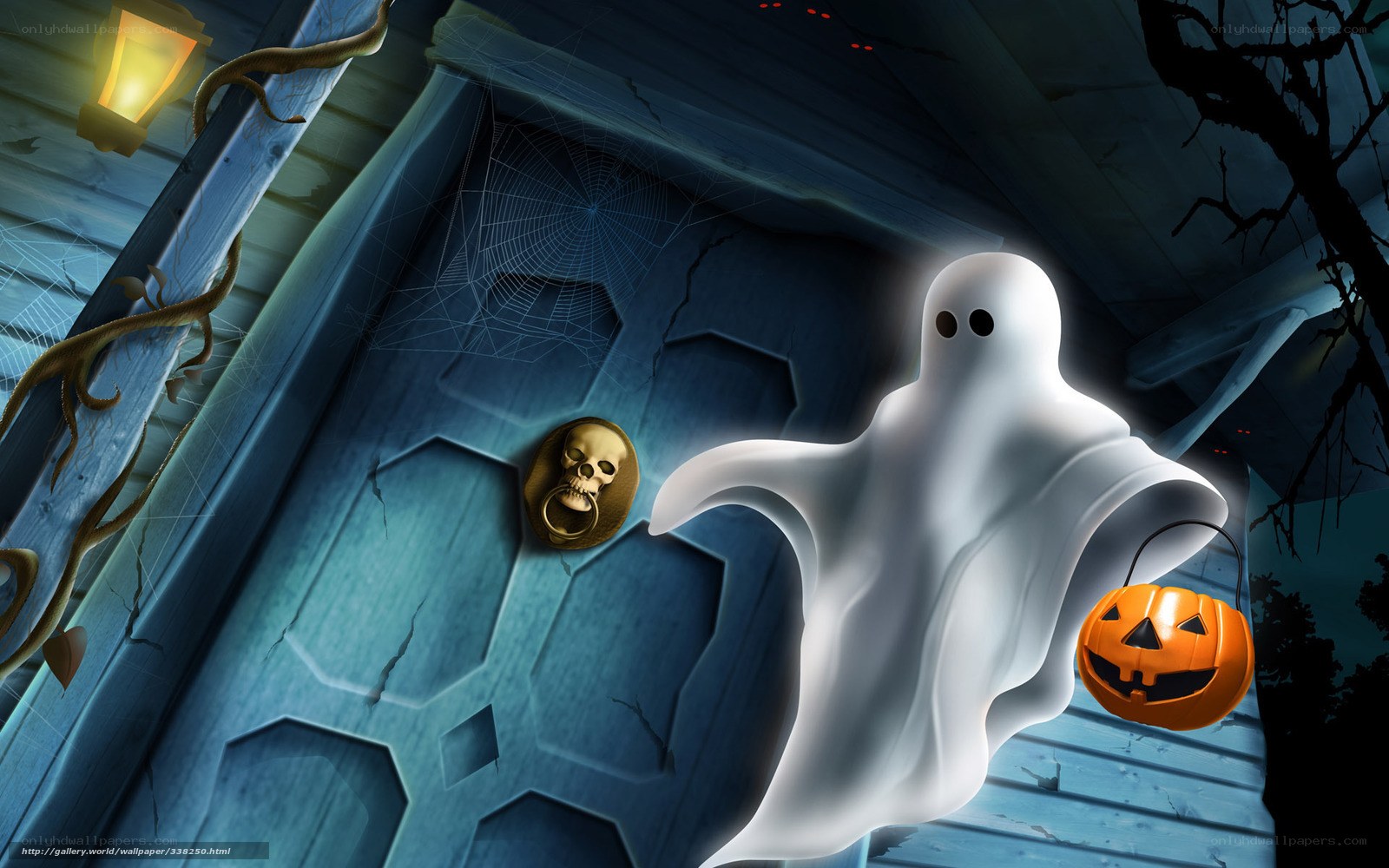 Ghost with pumpkin on porch
