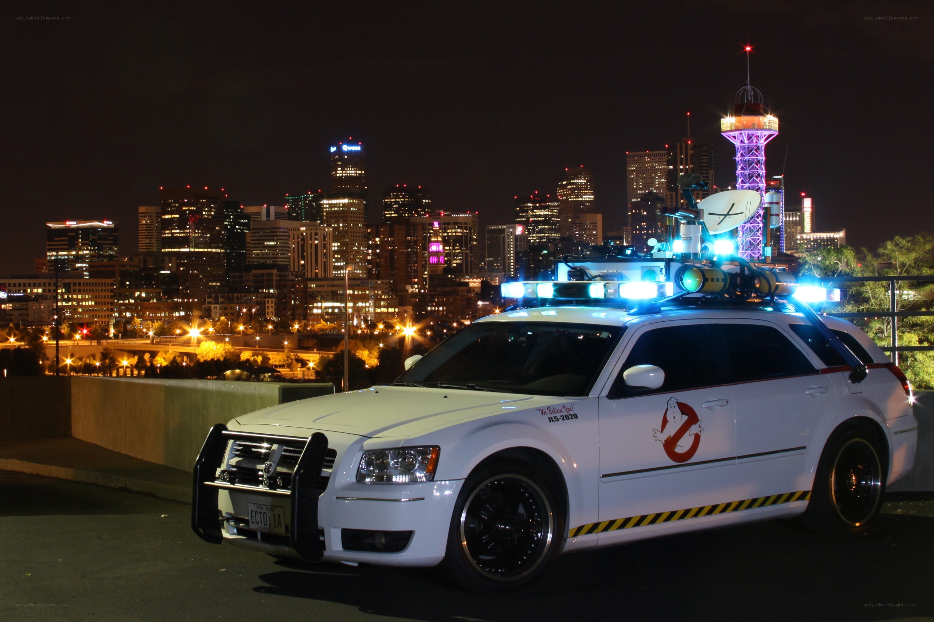 Ghostbusters car in city at night