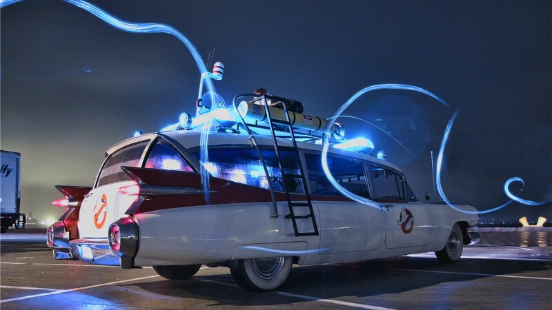 Ghostbusters Car — White, Dramatic, Night