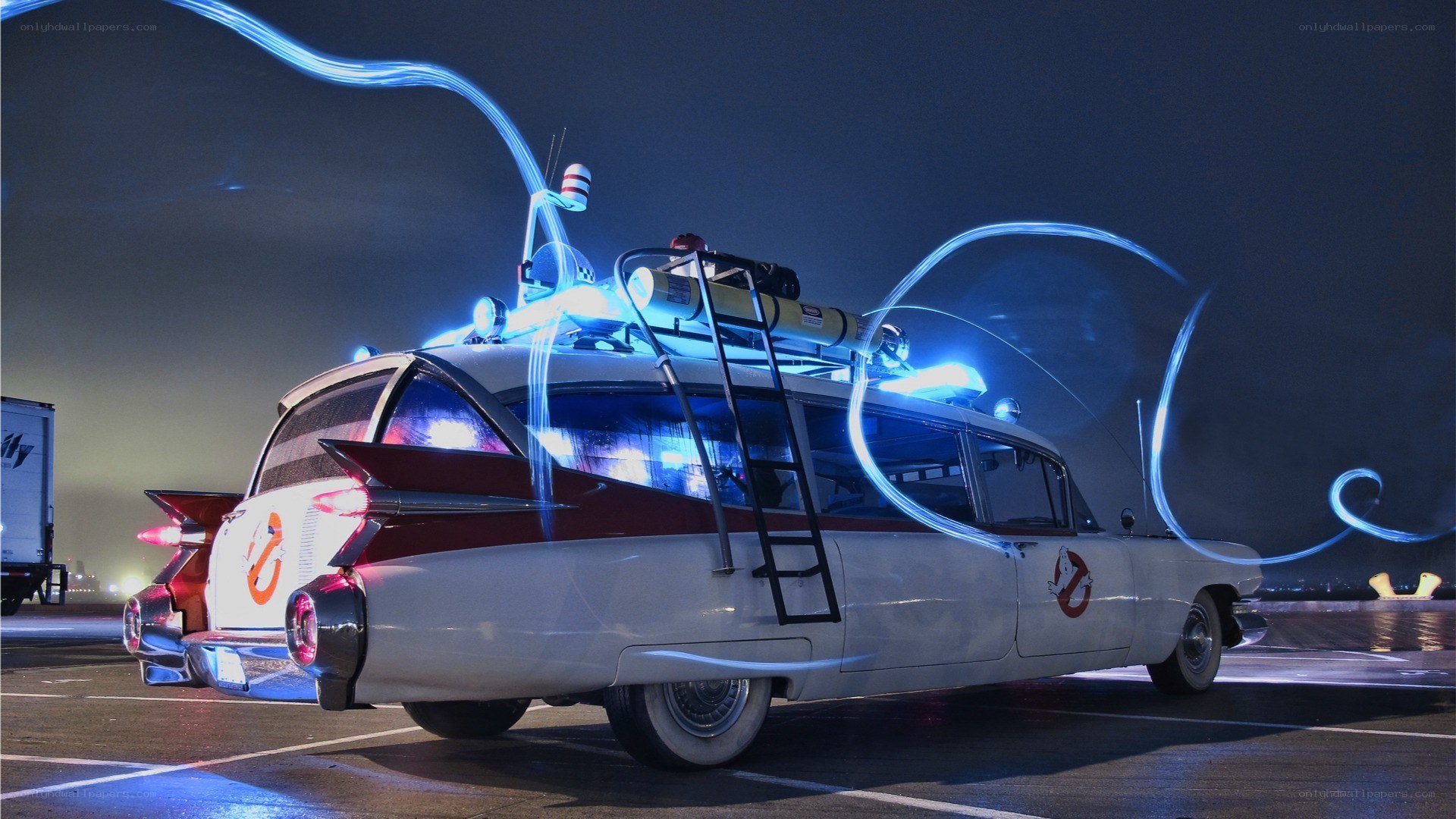 Ghostbusters Ecto-1 at night