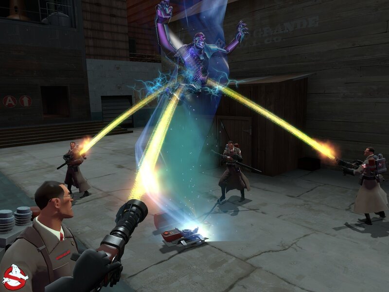 Ghostbusters fighting a giant ghost