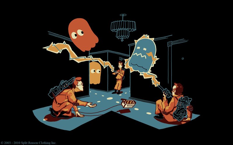 Ghostbusters Fighting Ghosts — Black, Dramatic, Night, Illustration, Proton Packs, Chandelier
