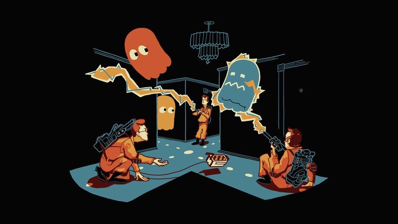 Ghostbusters Fighting Ghosts — Black, Dramatic, Night, Illustration