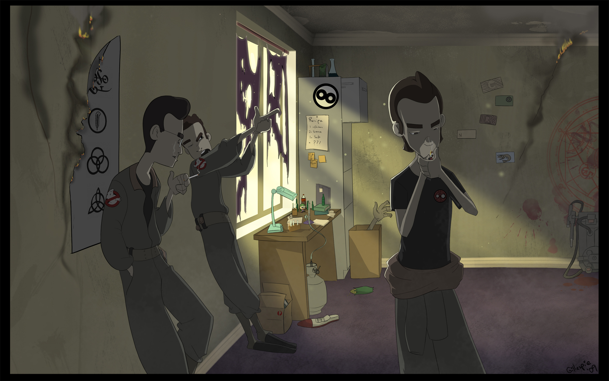 Ghostbusters in a haunted room