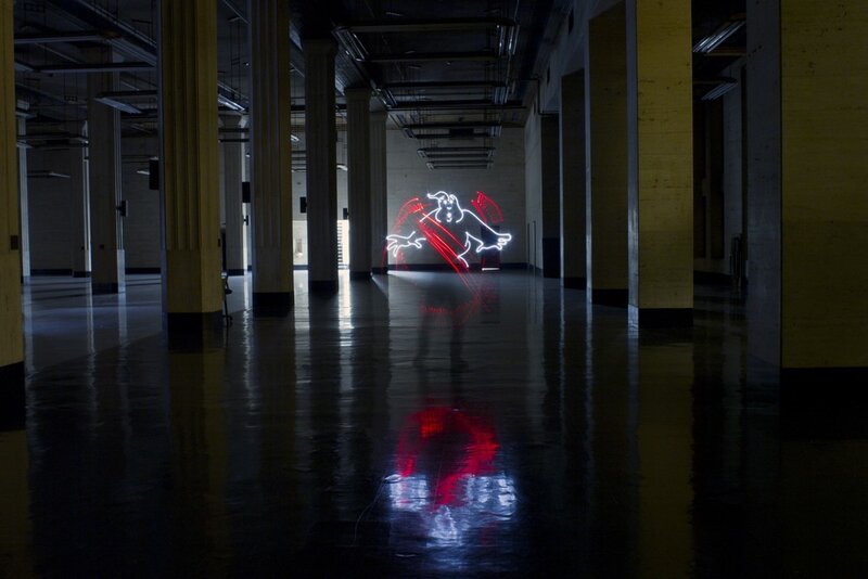 Ghostbusters light art in a hall