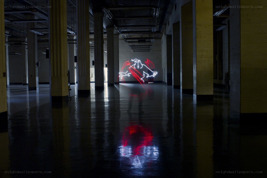 Ghostbusters light art in a hall