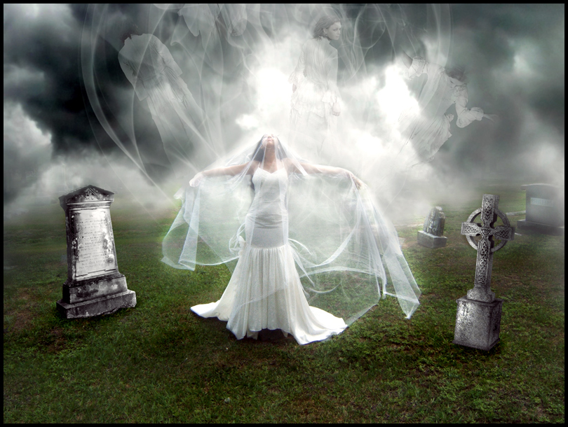 Ghostly bride in a cemetery