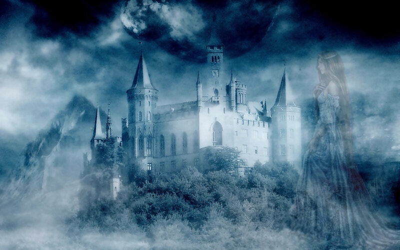 Ghostly castle at night