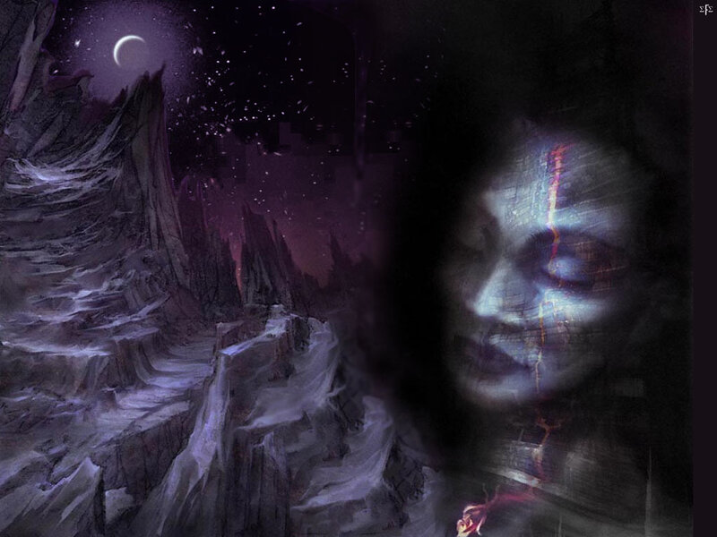 ghostly face in a dark landscape