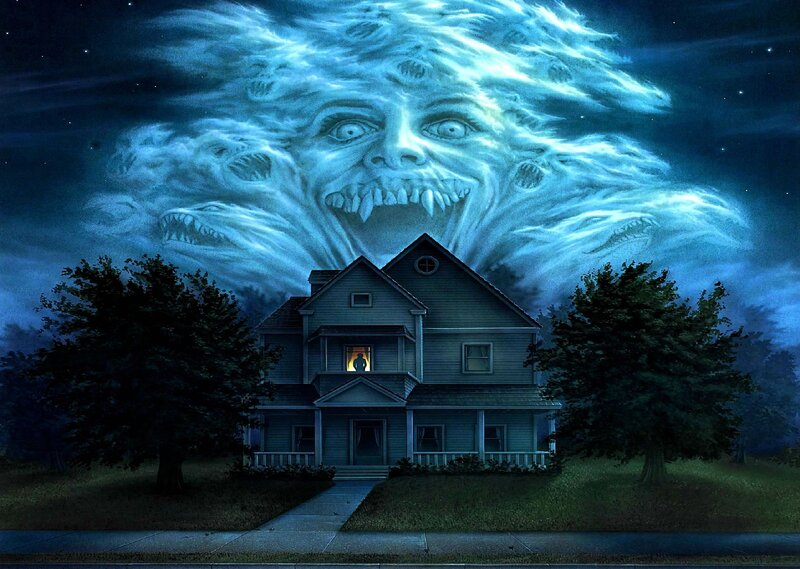 Ghostly Face over House — Blue, Dark