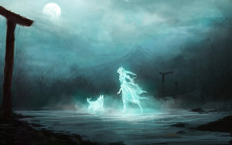 Ghostly Figure and Dog — Teal, Haunting, Night