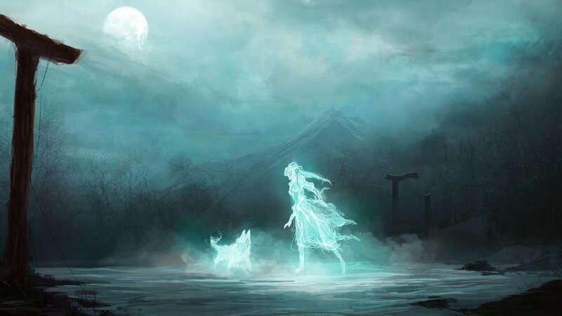 Ghostly Figure and Dog — Teal