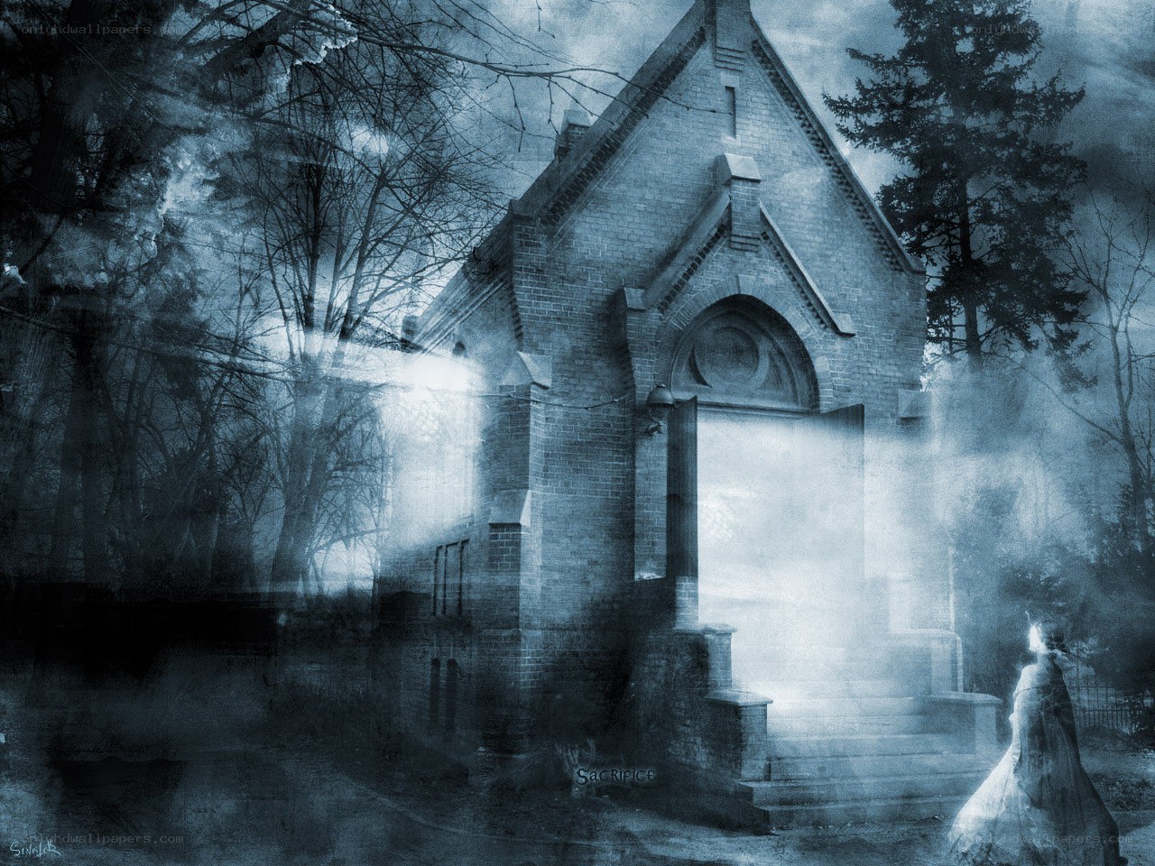 Ghostly figure at a chapel