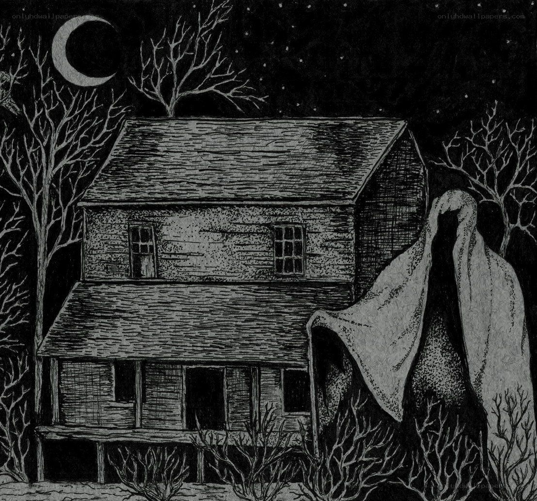 Ghostly figure by a house at night
