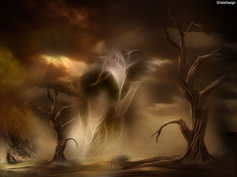 Ghostly figure in a barren landscape