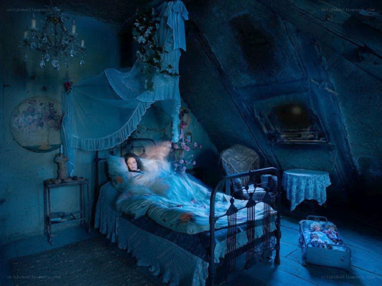 Ghostly figure in a bedroom