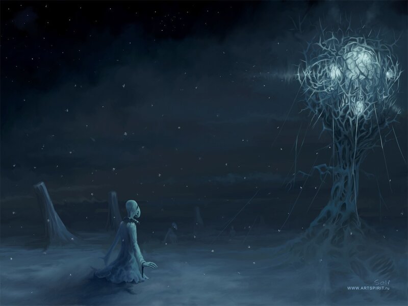 Ghostly figure in a dark landscape
