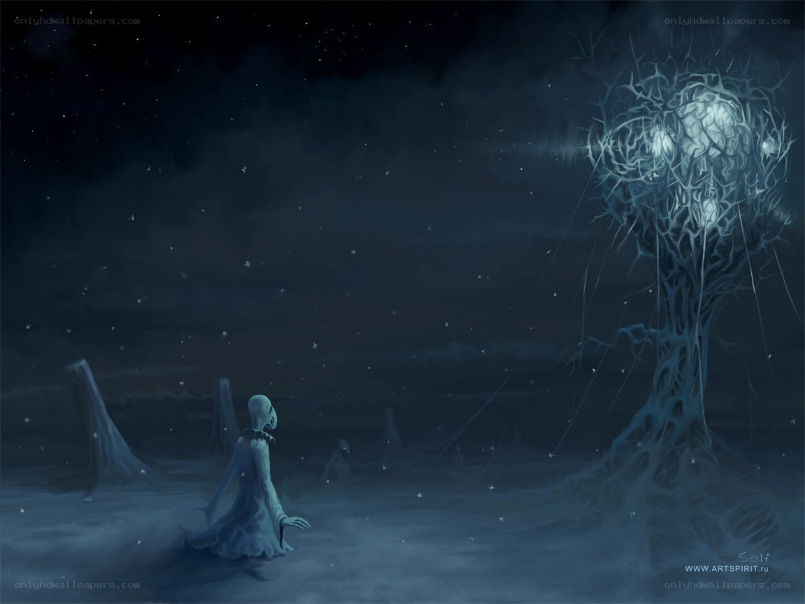 Ghostly figure in a dark landscape