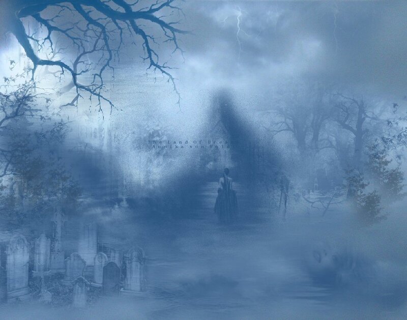 Ghostly figure in a foggy graveyard