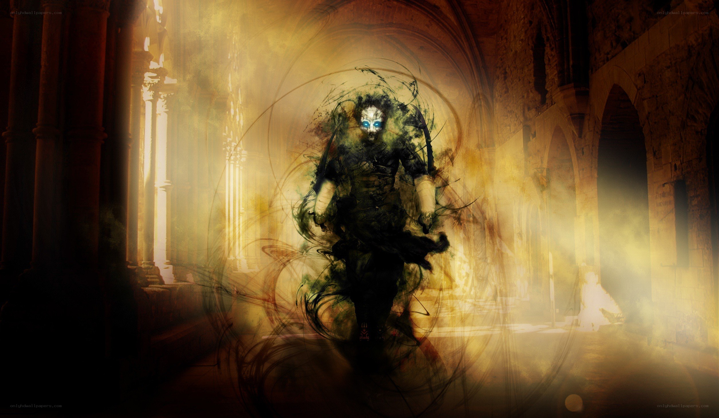 ghostly figure in ancient hall