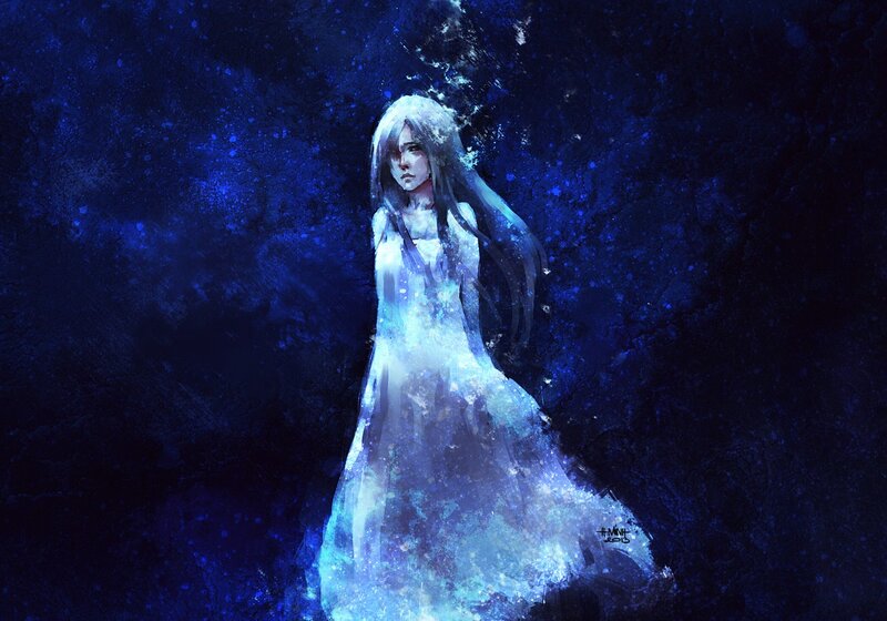 Ghostly figure in blue light