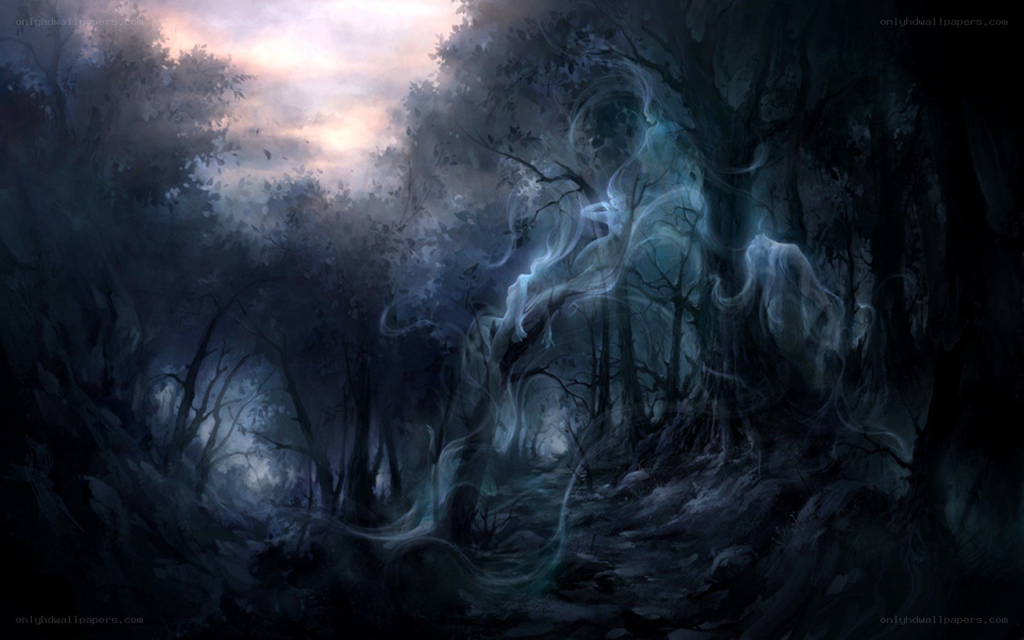 Ghostly figure in dark forest
