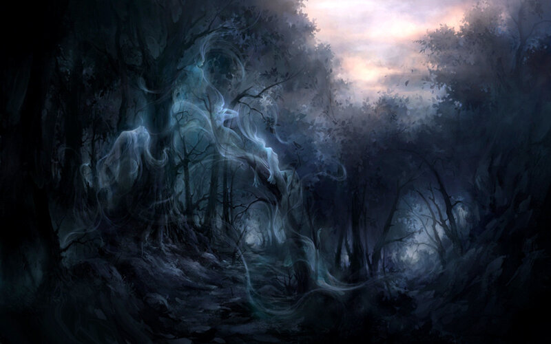 Ghostly figure in dark forest