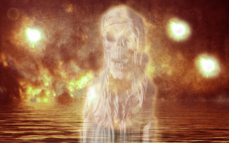 ghostly figure in fiery water