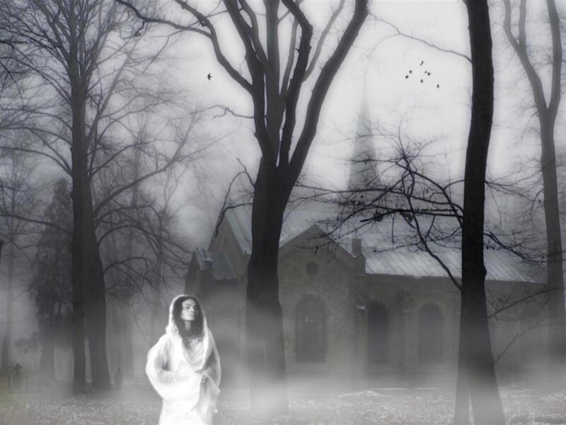 Ghostly figure in foggy forest