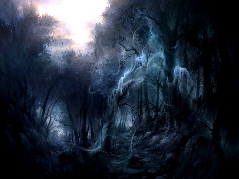 Ghostly Figure in Forest — Blue, Dark
