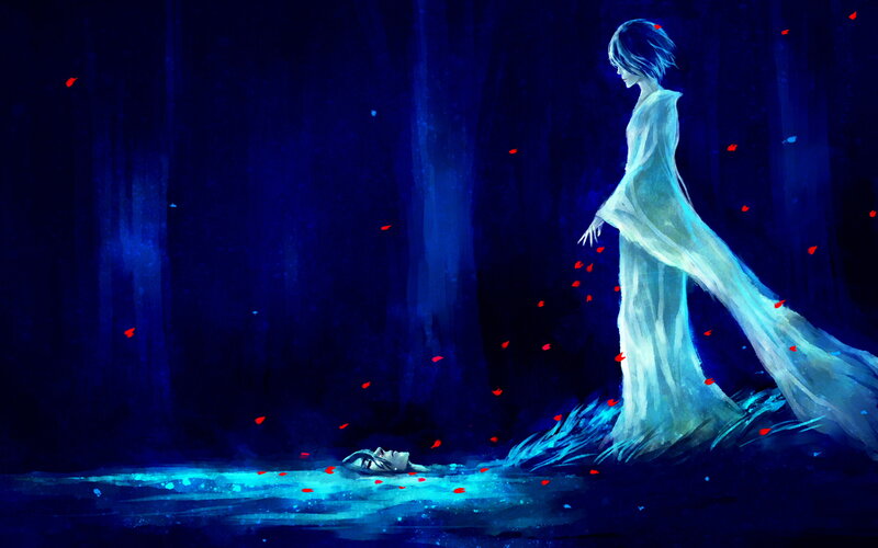 Ghostly Figure in Forest — Blue, Dramatic