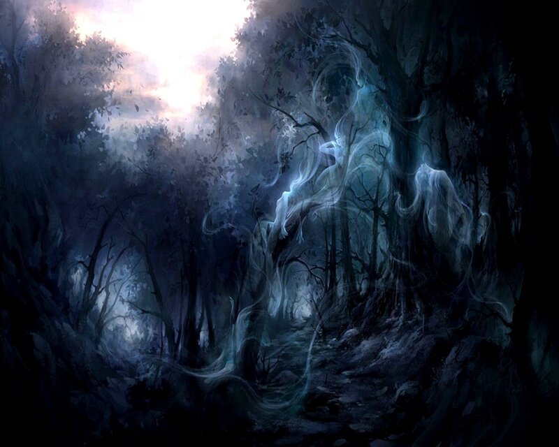Ghostly Figure in Forest — Blue, Mysterious, Night, Digital Art, Light