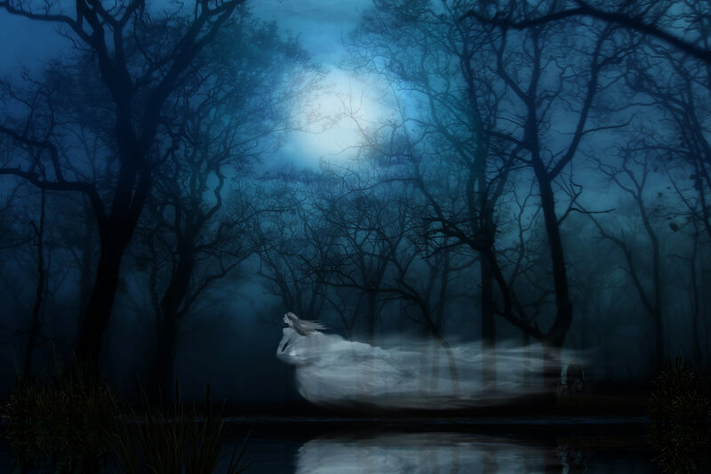 Ghostly Figure in Forest — Blue, Mysterious, Night, Digital Art, Moon