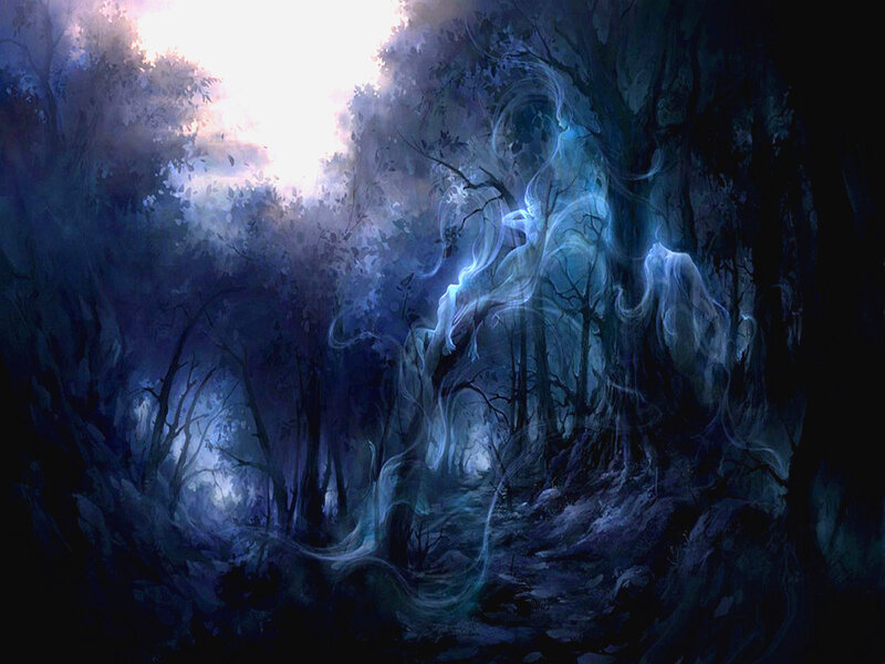 Ghostly Figure in Forest — Blue, Mysterious, Night, Digital Art