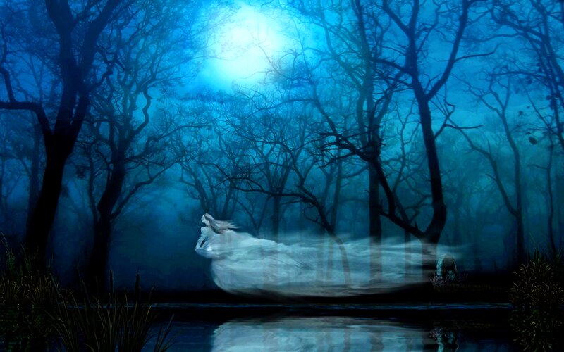 Ghostly Figure in Forest — Blue, Mysterious, Night, Digital Art, Trees, River