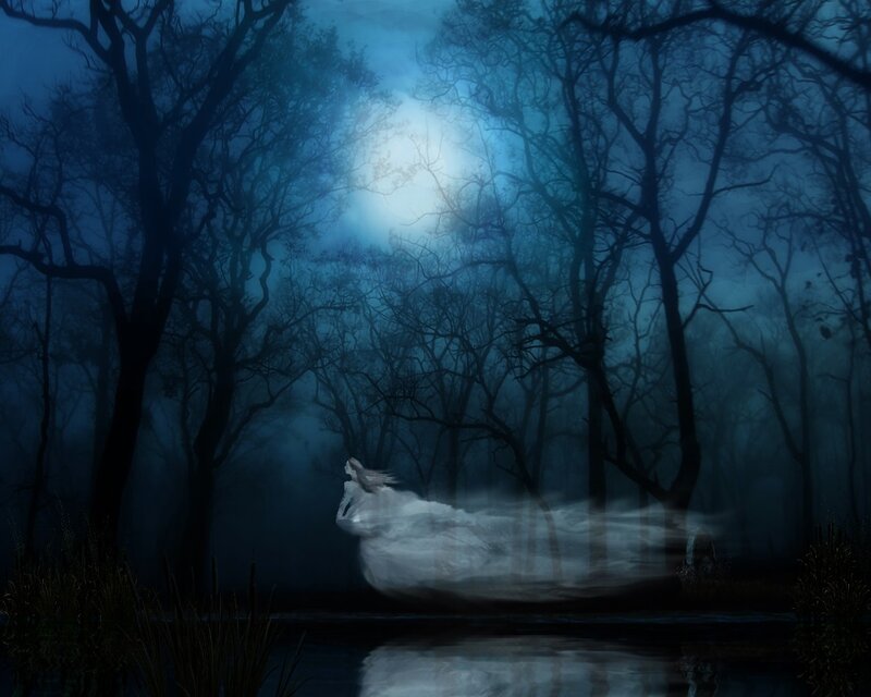 Ghostly Figure in Forest — Blue, Mysterious, Night, Digital Art, Trees