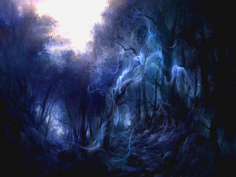 Ghostly Figure in Forest — Blue, Mysterious, Night