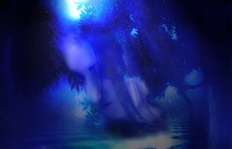 Ghostly Figure in Forest — Blue, Mystical, Night