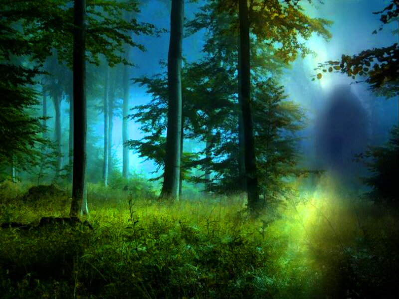 Ghostly Figure in Forest — Green, Mysterious