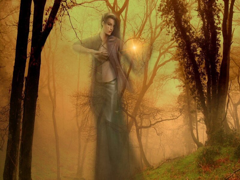 Ghostly Figure in Forest — Yellow