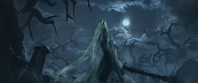 Ghostly Figure in Graveyard — Blue