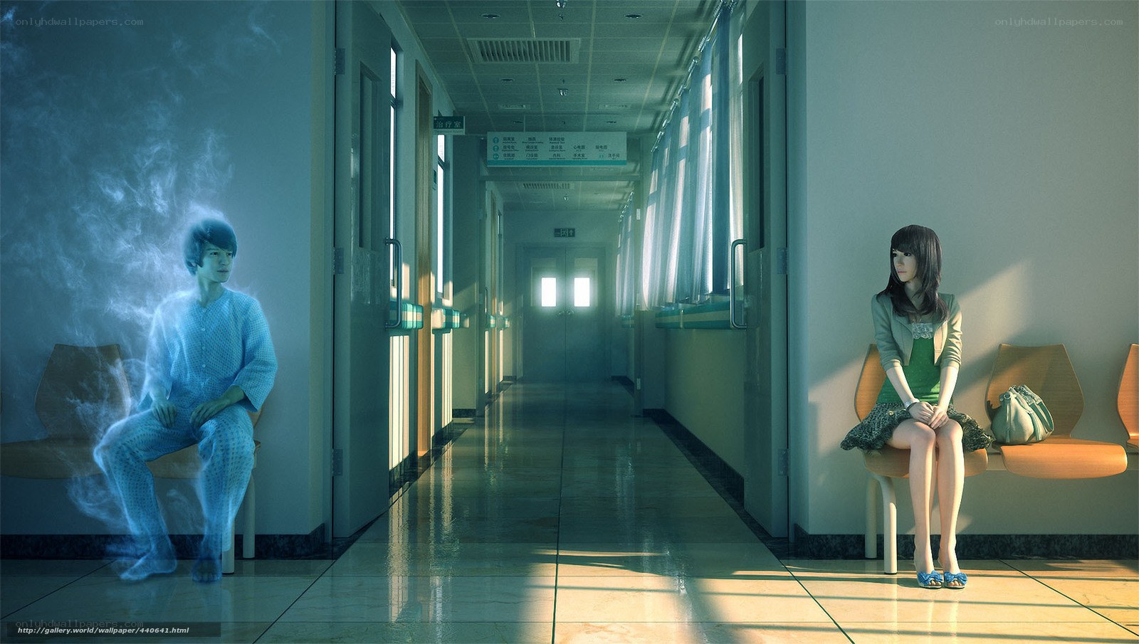 Ghostly figure in hospital corridor
