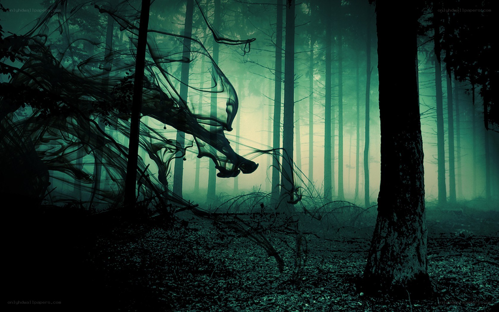 Ghostly figure in misty forest